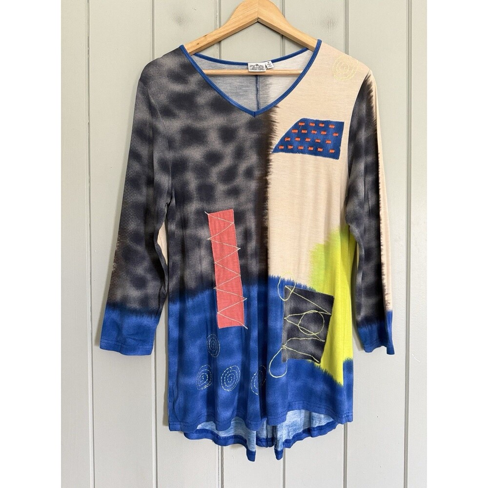 Parsley & Sage Tunic Top S Small Jersey Knit Patchwork V-Neck Blue Green